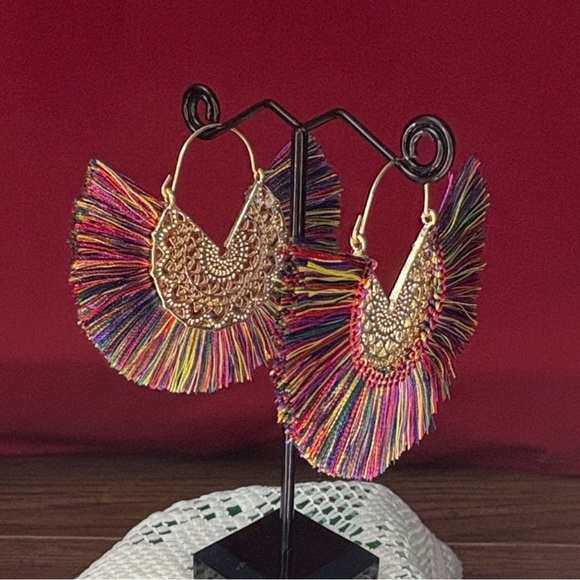 Multicolor Fringe Hoop Earrings - Picture 2 of 7